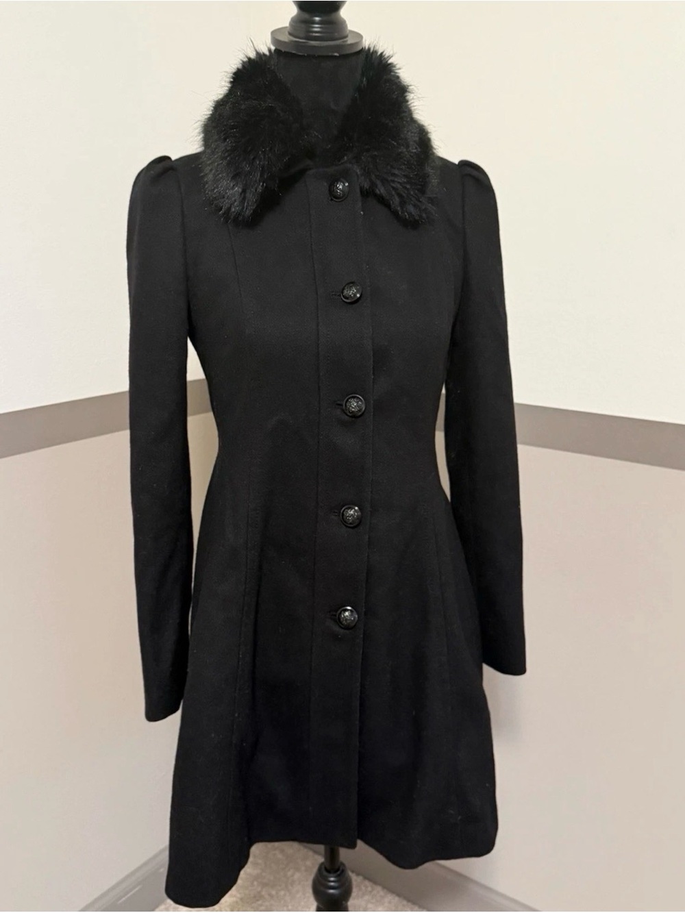 Banana Republic Black Wool Pea Coat with Faux Fur Collar